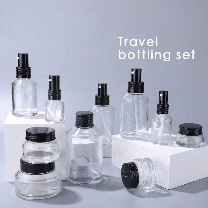 Inclined shoulder bottle 15ml 30 ml 60 ml 100 ml 120 ml 200ml clear glass bottle and 15 g 30 g 50g 100g glass jar for cosmetic