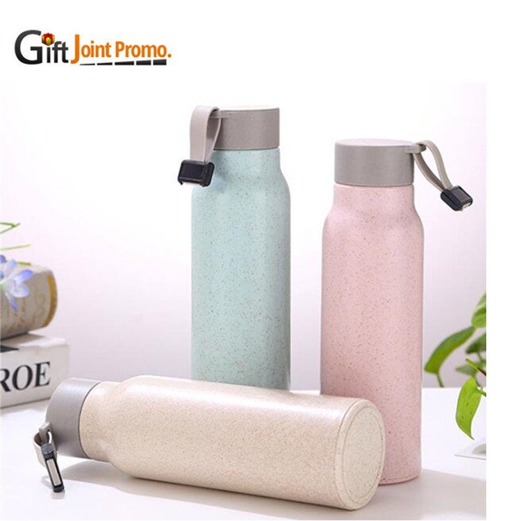 Eco friendly double wall wheat straw water bottle outdoor 400ml plastic wheat straw glass bottle