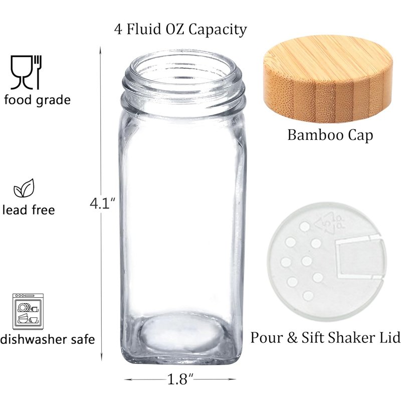 Empty Square Bamboo Wood Lids 4oz 120ml Spice Storage Pepper Container Glass Spice Seasoning Jar With Shaker Lids