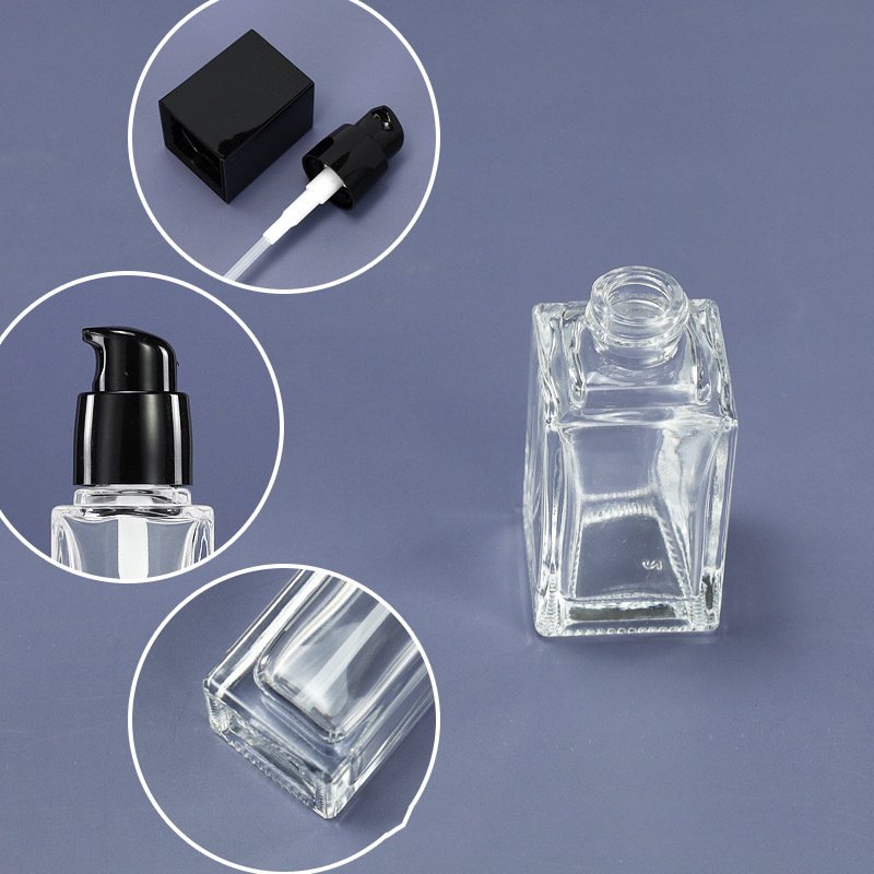 Wholesale transparent square glass bottle emulsion 25ml 30ml liquid Foundation isolation cream pressing bottle