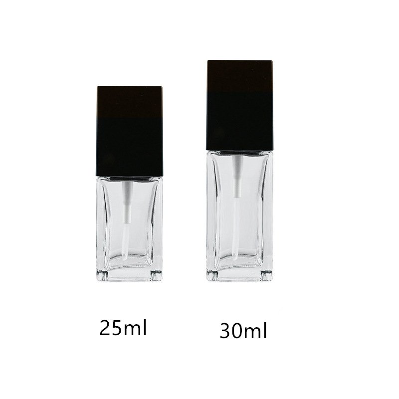 Wholesale transparent square glass bottle emulsion 25ml 30ml liquid Foundation isolation cream pressing bottle