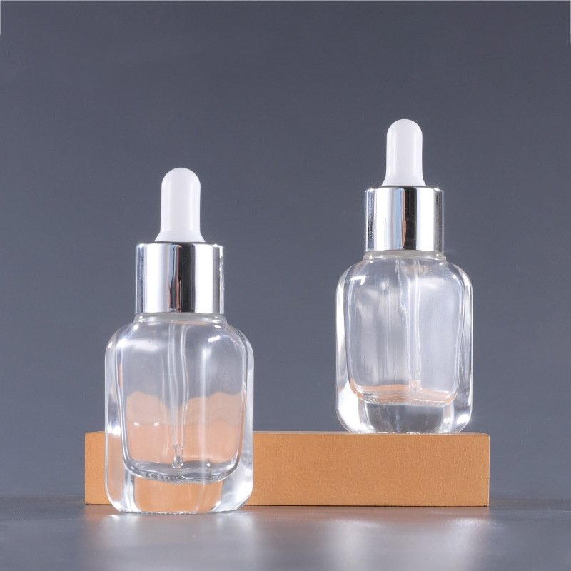 Wholesale 30ml mesh bottom transparent glass square dropper bottle for essence essential oil subfilling raw liquid