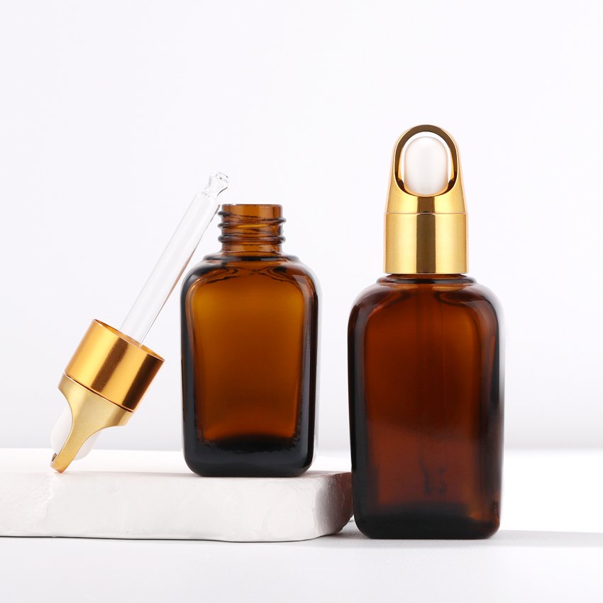 Square Amber 10ml 20ml 30ml 50ml 100ml 1oz 2oz skincare serum essential oil glass bottle with pipette dropper