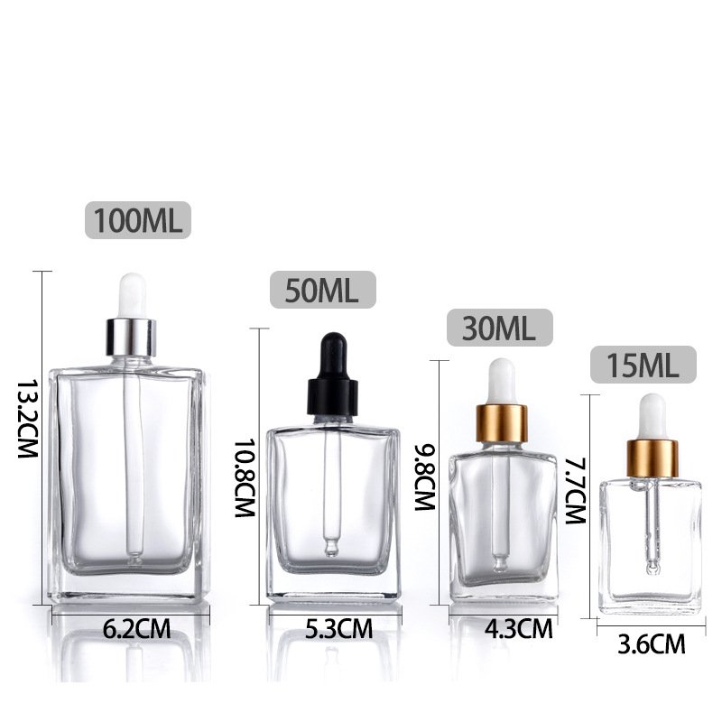 15ml 30ml 50ml 100ml clear square essential oil glass rubber head dropper bottle