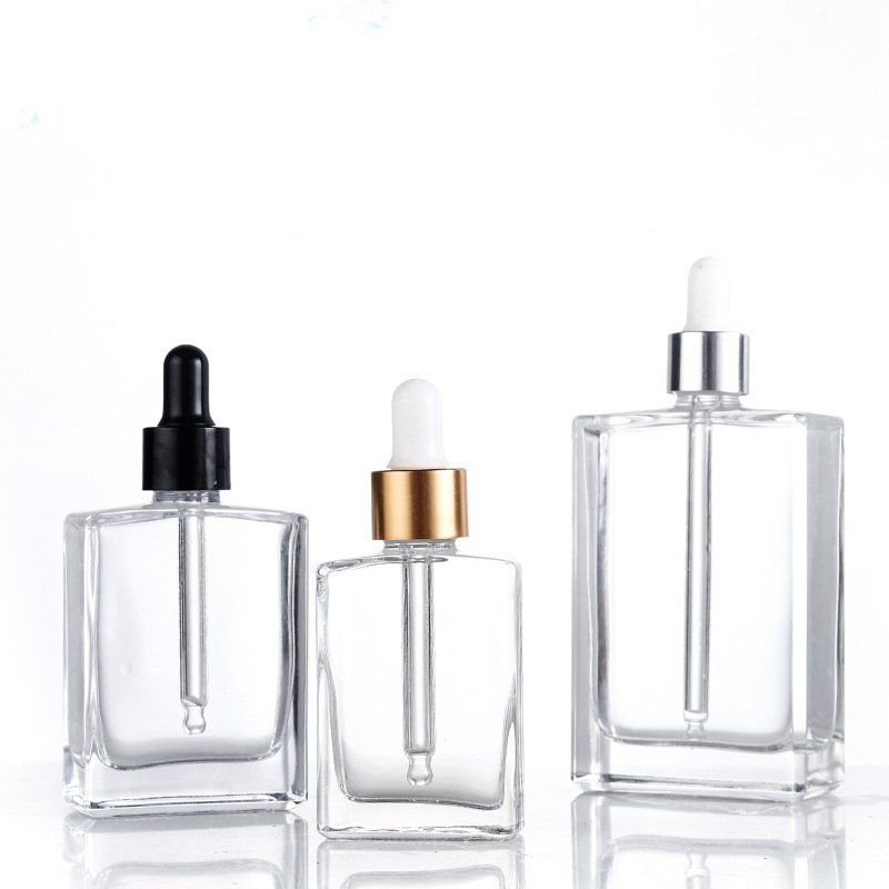15ml 30ml 50ml 100ml clear square essential oil glass rubber head dropper bottle