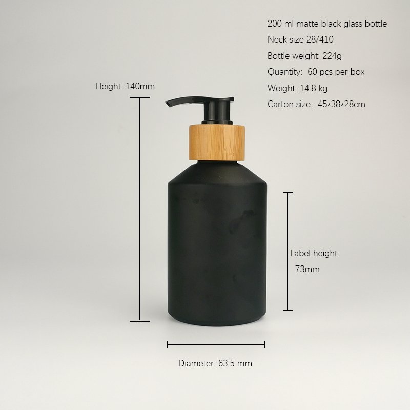 matte black glass bottle 200 ml sloping shoulder glass bottle hand washing bottle with wooden pump dispenser for hand soap