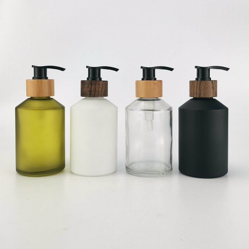 matte black glass bottle 200 ml sloping shoulder glass bottle hand washing bottle with wooden pump dispenser for hand soap