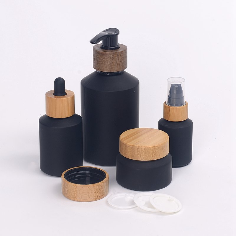 matte black glass bottle 200 ml sloping shoulder glass bottle hand washing bottle with wooden pump dispenser for hand soap