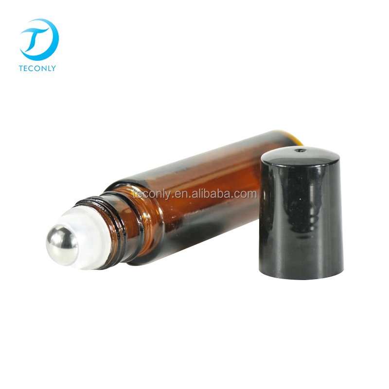 Luxury 10 ml 1/3 oz clear black square perfume roll on glass bottle with metal roller bottle for perfume essential oil