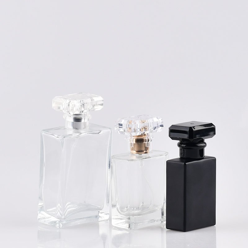 30ml 50ml 100ml clear frosted flat new design with packaging square black empty glass spray perfume bottle