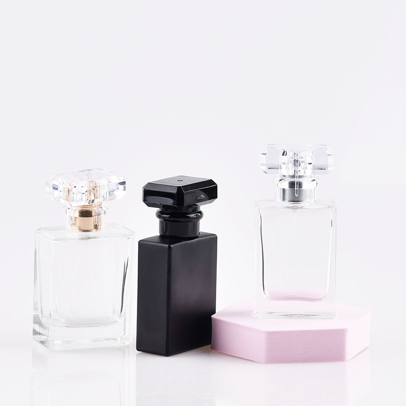 30ml 50ml 100ml clear frosted flat new design with packaging square black empty glass spray perfume bottle