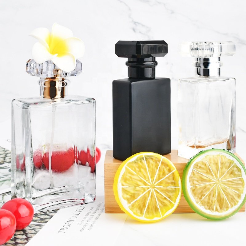 30ml 50ml 100ml clear frosted flat new design with packaging square black empty glass spray perfume bottle