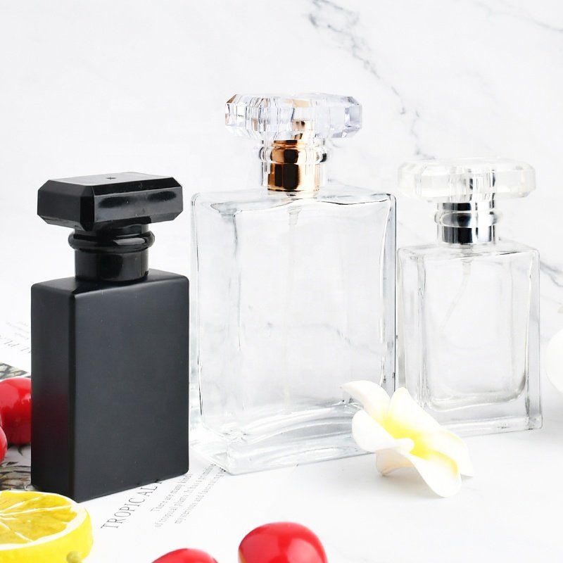 30ml 50ml 100ml clear frosted flat new design with packaging square black empty glass spray perfume bottle