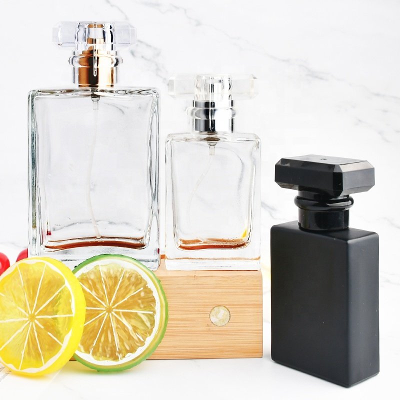 30ml 50ml 100ml clear frosted flat new design with packaging square black empty glass spray perfume bottle