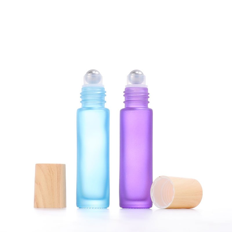 5ml 10ml Essential Oil Bottle Frosted Color Glass Perfume Roller Bottle with Wood Grain Cap