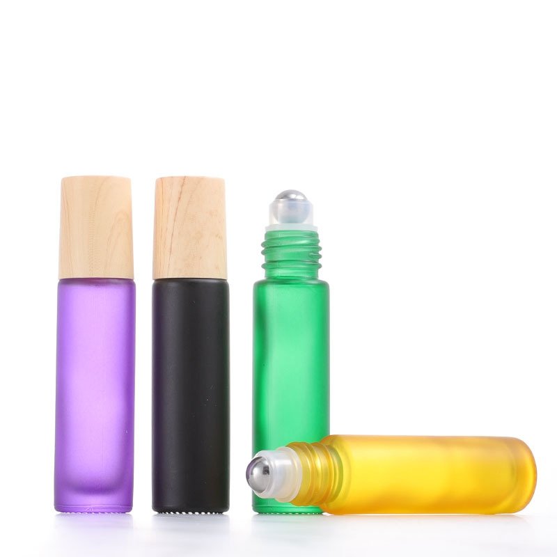 5ml 10ml Essential Oil Bottle Frosted Color Glass Perfume Roller Bottle with Wood Grain Cap