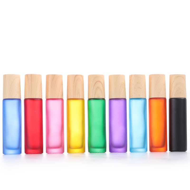 5ml 10ml Essential Oil Bottle Frosted Color Glass Perfume Roller Bottle with Wood Grain Cap
