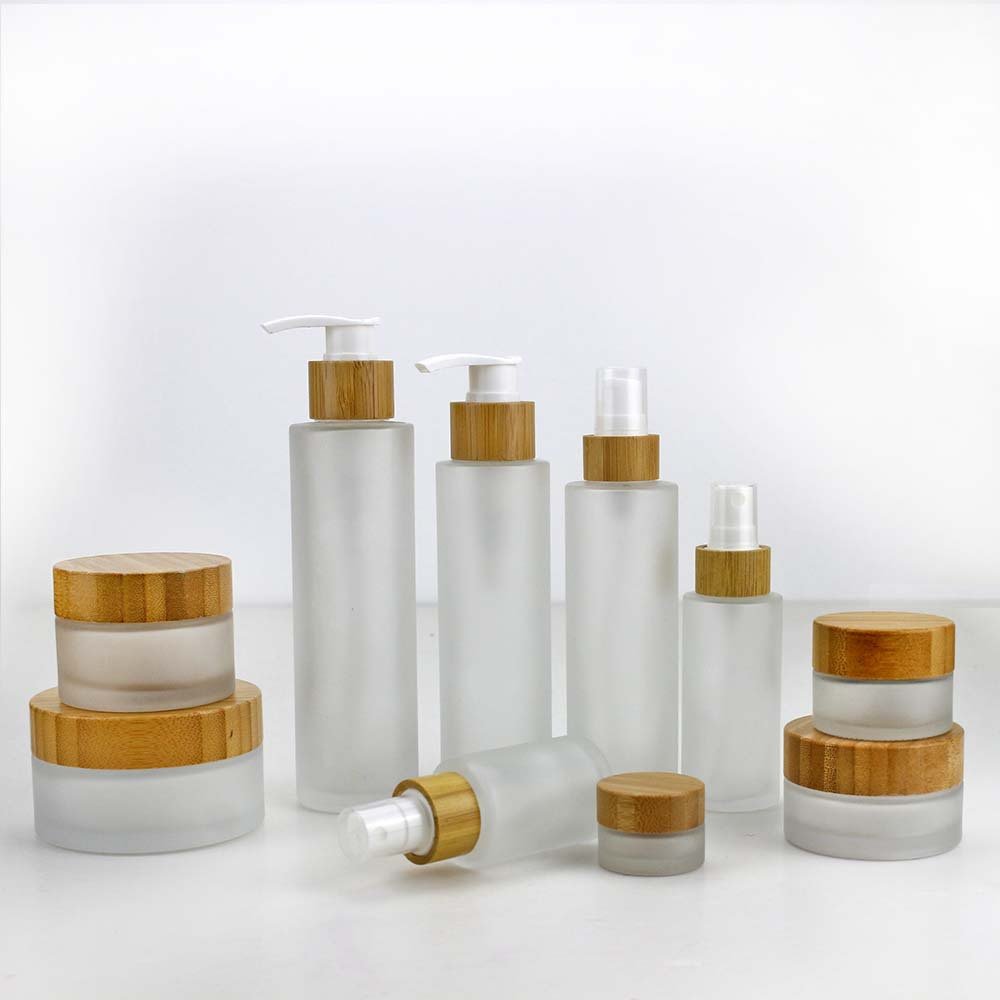 Jar Container 30ml 50ml 100ml 150ml Frosted Clear Cream Lotion Glass with Wooden and Plastic Cosmetic Packaging Glass Bottle