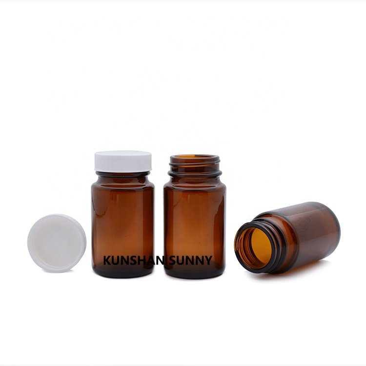 In stock 75ml Amber Wide Mouth Glass Bottle with cap 75cc