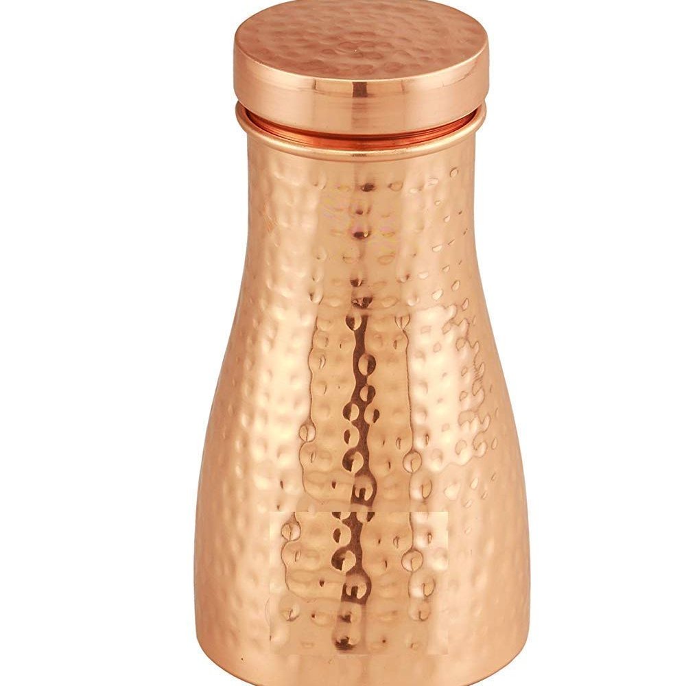 Hammered Pure Copper Bedroom Bottle with Inbuilt Glass Copper Vessel for Drinking Water Copper Water Bottle with Glass