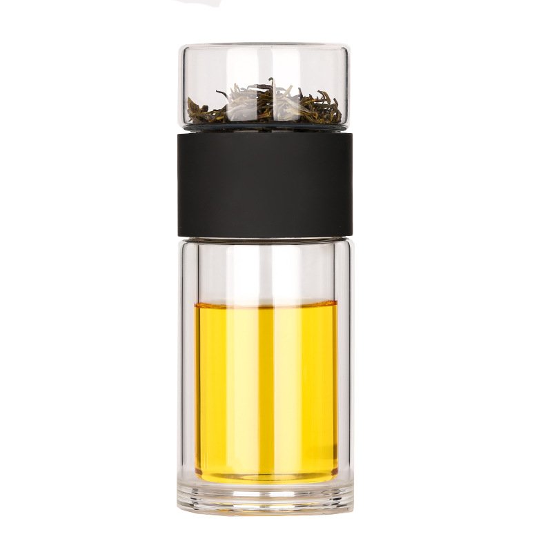 FX Factory Custom Logo Printing 330ml Double Wall Tea Glass Bottle With Stainless Steel Filter Tea Maker