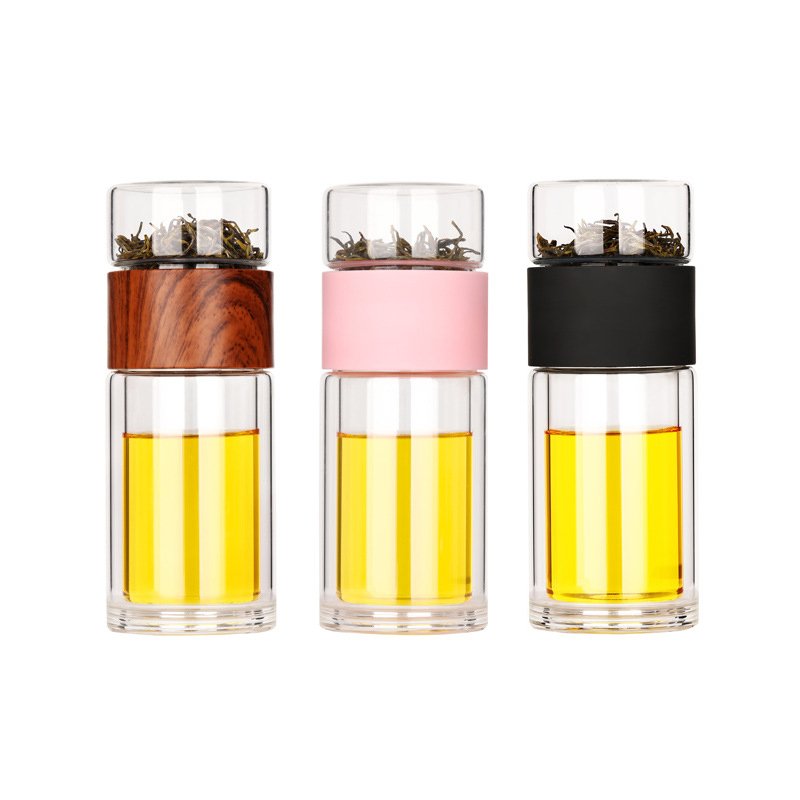 FX Factory Custom Logo Printing 330ml Double Wall Tea Glass Bottle With Stainless Steel Filter Tea Maker