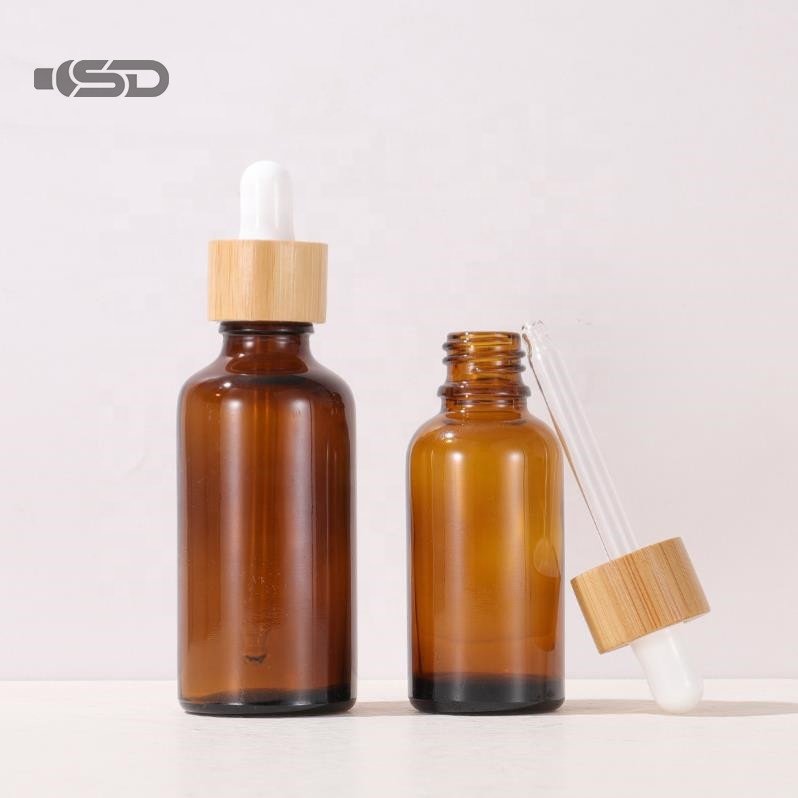 Wholesale Cosmetic Bottle 5-100ml Bottles Cosmetic Bamboo Oil Dropper Amber Glass Bottle With Bamboo Dropper
