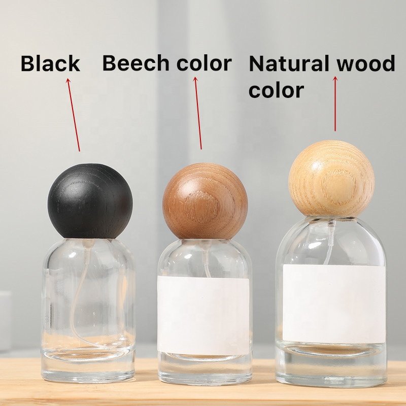 Hot selling square round skincare cosmetic packaging 30mL 50mL empty spray perfume glass bottle wooden cap