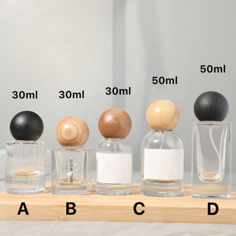 Hot selling square round skincare cosmetic packaging 30mL 50mL empty spray perfume glass bottle wooden cap