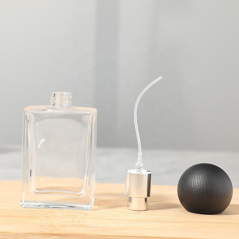 Hot selling square round skincare cosmetic packaging 30mL 50mL empty spray perfume glass bottle wooden cap