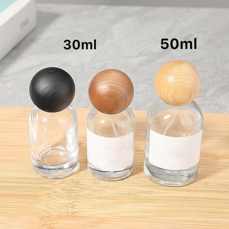 Hot selling square round skincare cosmetic packaging 30mL 50mL empty spray perfume glass bottle wooden cap