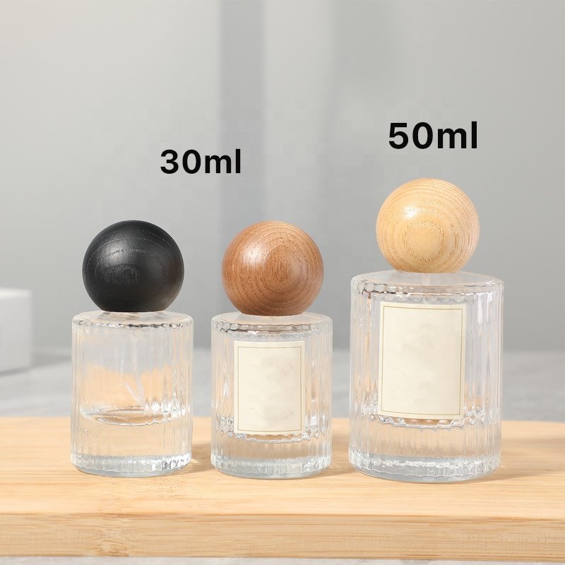 Hot selling square round skincare cosmetic packaging 30mL 50mL empty spray perfume glass bottle wooden cap
