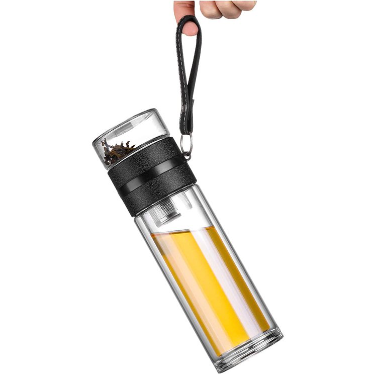 Double Wall Glass Tea Bottle with Infuser Portable Glass Tea Strainer Leak-Proof Glass Tumbler Water Separation Tea Filter Cup