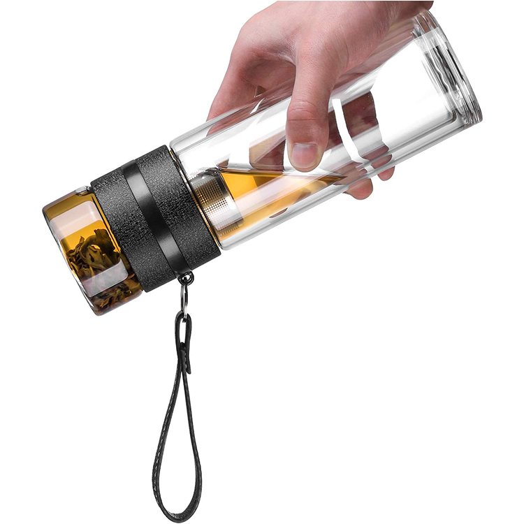 Double Wall Glass Tea Bottle with Infuser Portable Glass Tea Strainer Leak-Proof Glass Tumbler Water Separation Tea Filter Cup