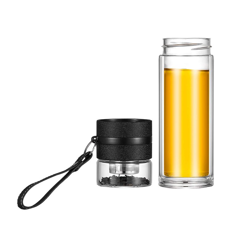 Double Wall Glass Tea Bottle with Infuser Portable Glass Tea Strainer Leak-Proof Glass Tumbler Water Separation Tea Filter Cup