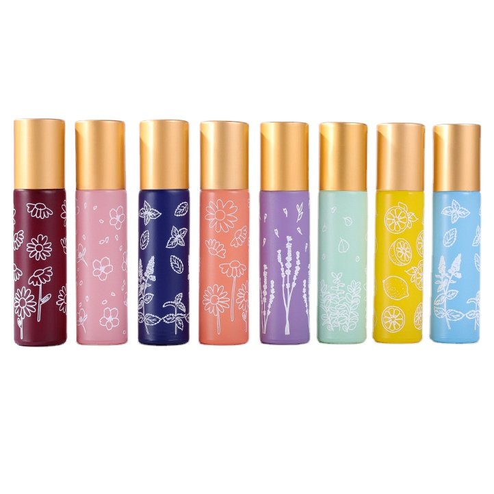 Refillable essential oils rollon glass bottle 10ml macaron floral printing roller bottle with matte gold cap perfumes packaging
