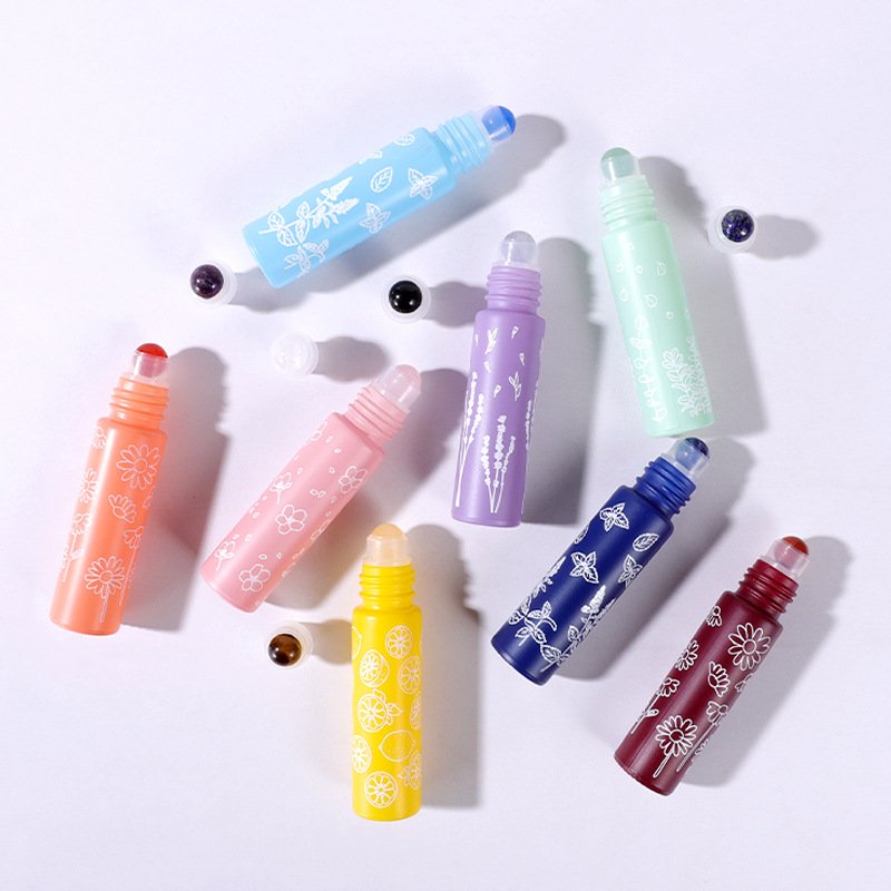 Refillable essential oils rollon glass bottle 10ml macaron floral printing roller bottle with matte gold cap perfumes packaging