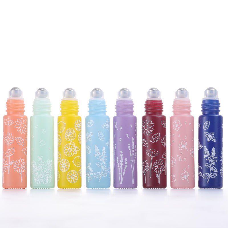 Refillable essential oils rollon glass bottle 10ml macaron floral printing roller bottle with matte gold cap perfumes packaging