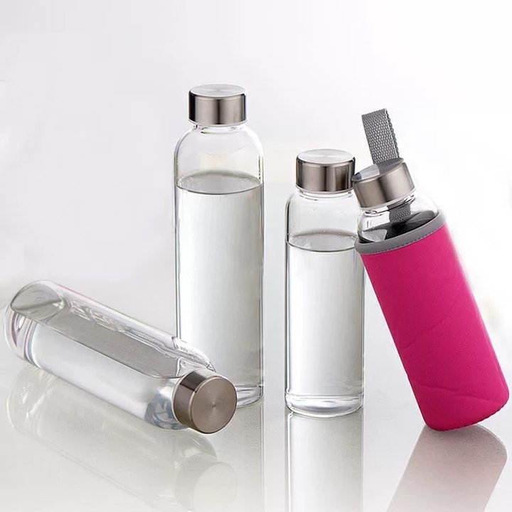 Hot Sale Eco-friendly Clear Glass Water Drink Bottles with Leak Proof Stainless Steel lid for Juice Refrigerator