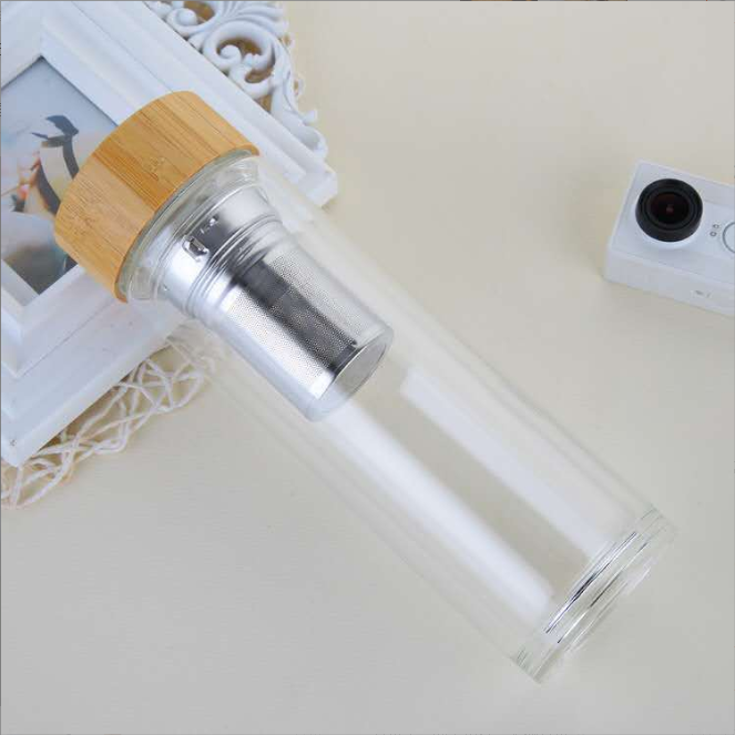 Double Walled Borosilicate Glass Travel Long Tea Infuser Tumbler Bamboo Tea Water Bottle 17oz