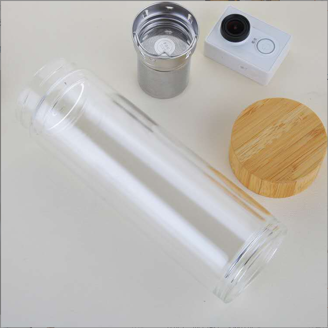 Double Walled Borosilicate Glass Travel Long Tea Infuser Tumbler Bamboo Tea Water Bottle 17oz
