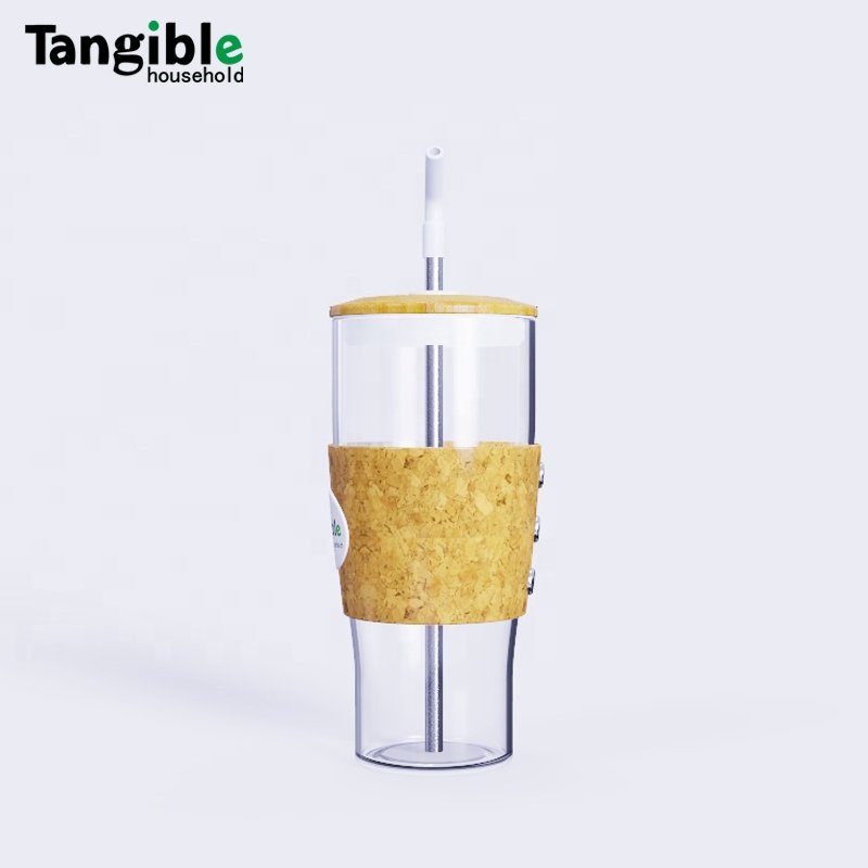 Customized 750 glass tumbler cup boba tea cup glass water bottle with bamboo lid and straw