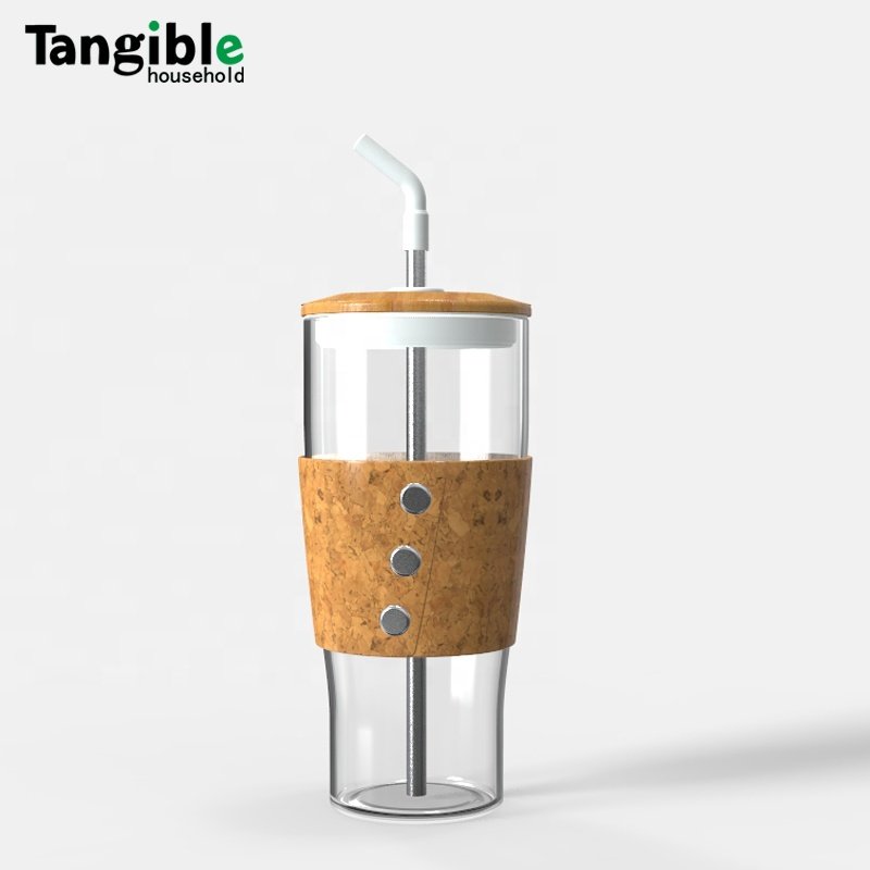 Customized 750 glass tumbler cup boba tea cup glass water bottle with bamboo lid and straw