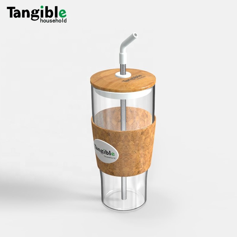 Customized 750 glass tumbler cup boba tea cup glass water bottle with bamboo lid and straw