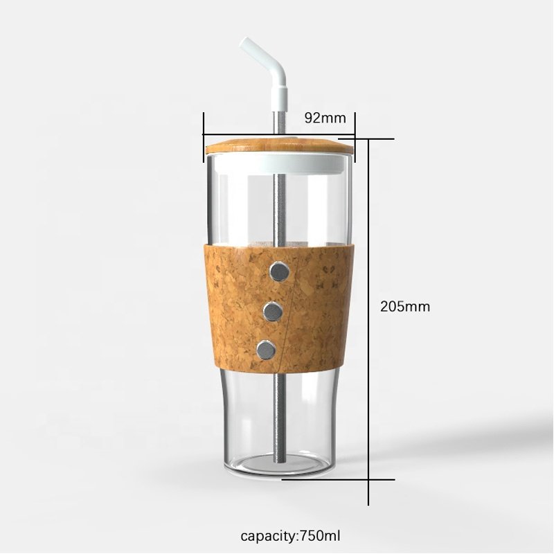Customized 750 glass tumbler cup boba tea cup glass water bottle with bamboo lid and straw