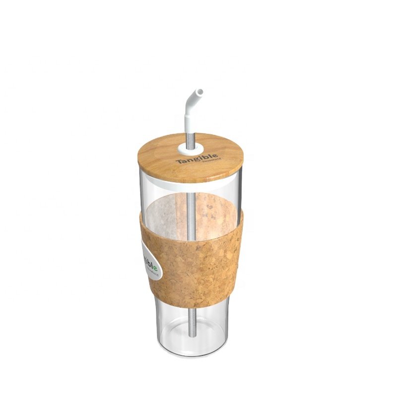 Customized 750 glass tumbler cup boba tea cup glass water bottle with bamboo lid and straw
