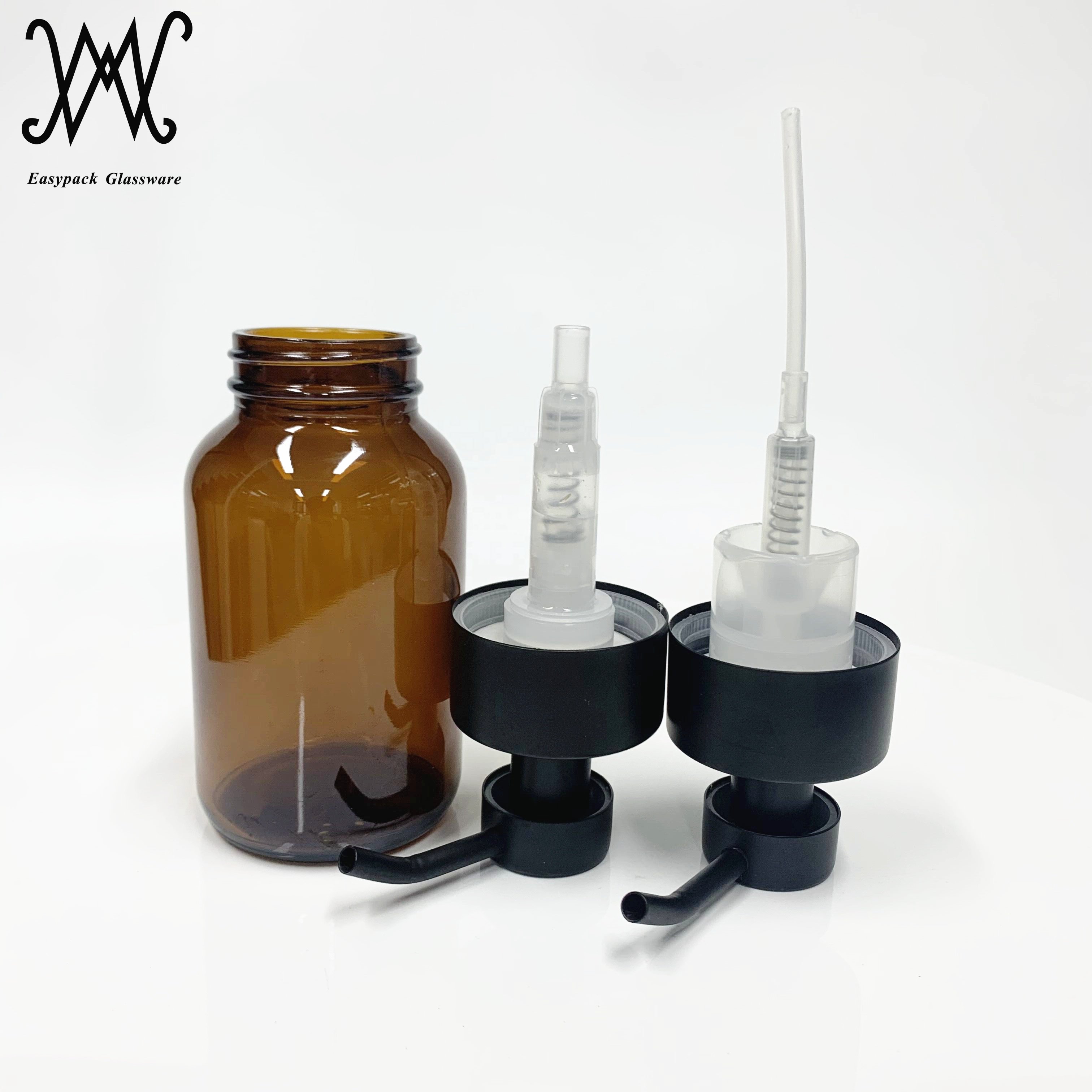 250ml wide mouth amber glass bottle with matte black stainless steel hand soap dispenser pump