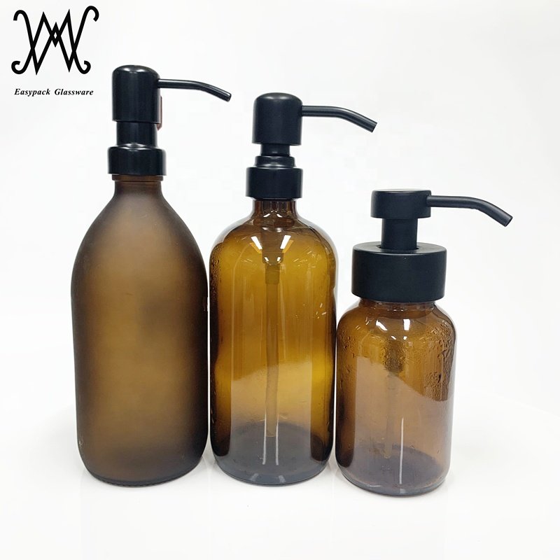 250ml wide mouth amber glass bottle with matte black stainless steel hand soap dispenser pump