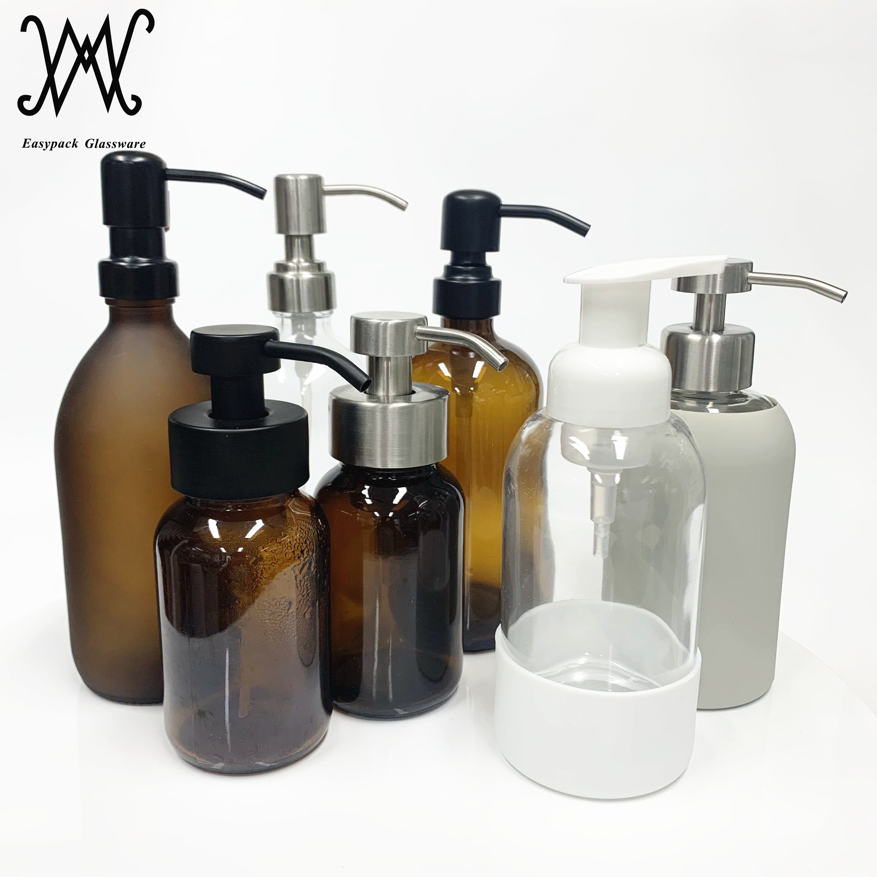 250ml wide mouth amber glass bottle with matte black stainless steel hand soap dispenser pump