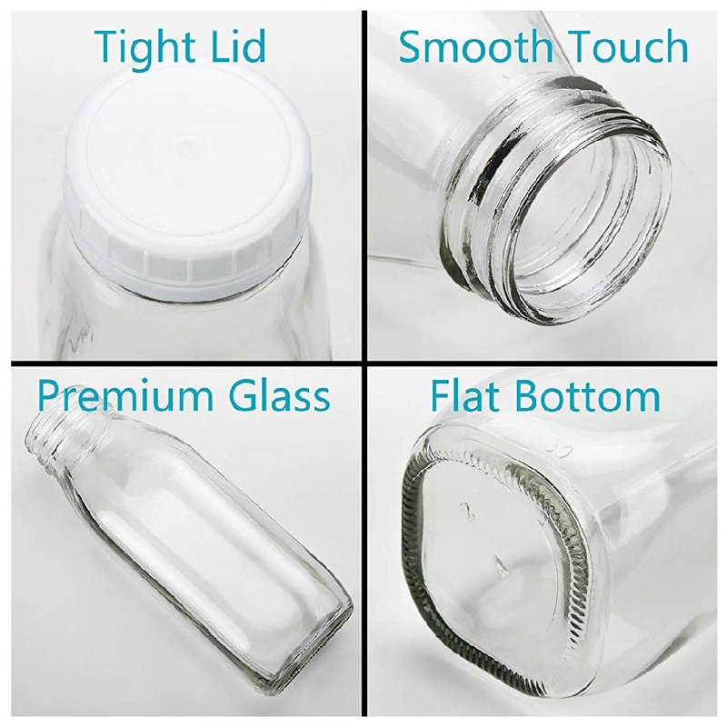 Clear French Square Beverage Glass Bottle Milk Juice Bottles Screen Printing Screw Cap Screw Top Cold Pressed 8oz 12oz 16oz
